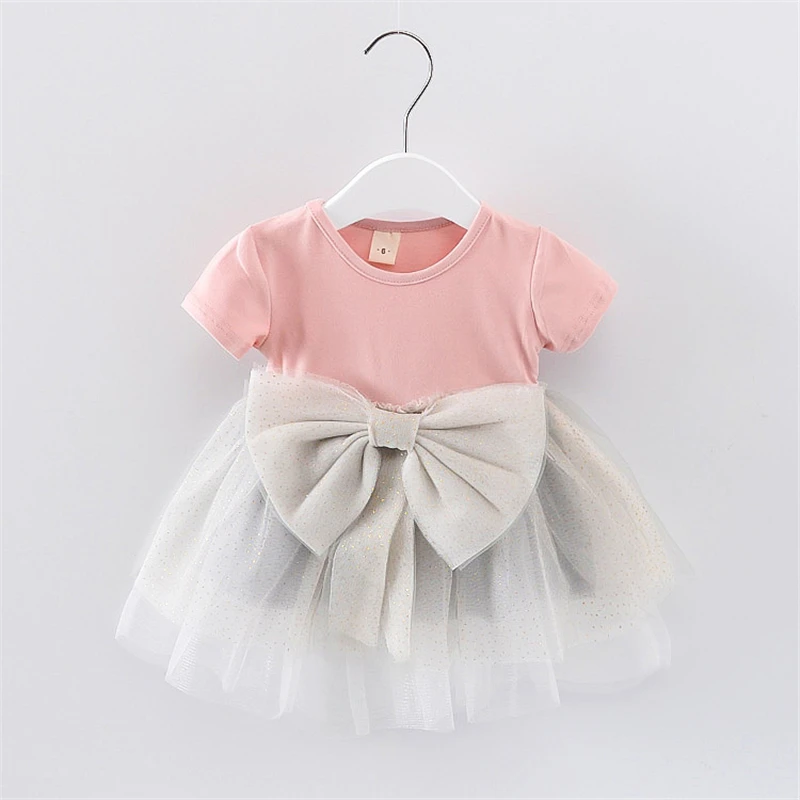 

Newborn Girls Summer Princess Dress Birthday Party Wear Little Girls Short Sleeve Big Bowknot Lace Net Veil Ball Gown Baby Dress
