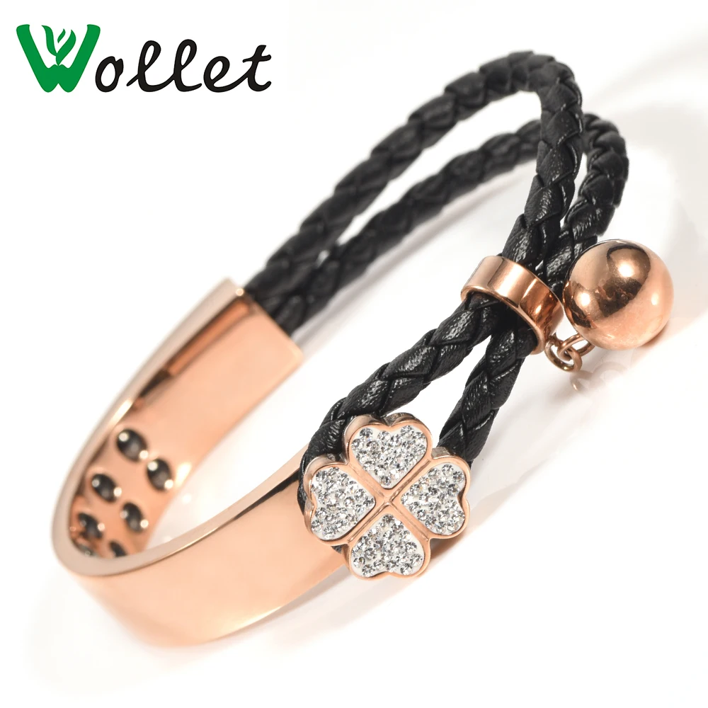 Ювелирные изделия Wollet браслет из нержавеющей стали для женщин CZ камень металлик розовое золото цветок клевера гематит Германий Черная Проволока