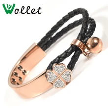 Ювелирные изделия Wollet браслет из нержавеющей стали для женщин CZ камень металлик розовое золото цветок клевера гематит Германий Черная Проволока