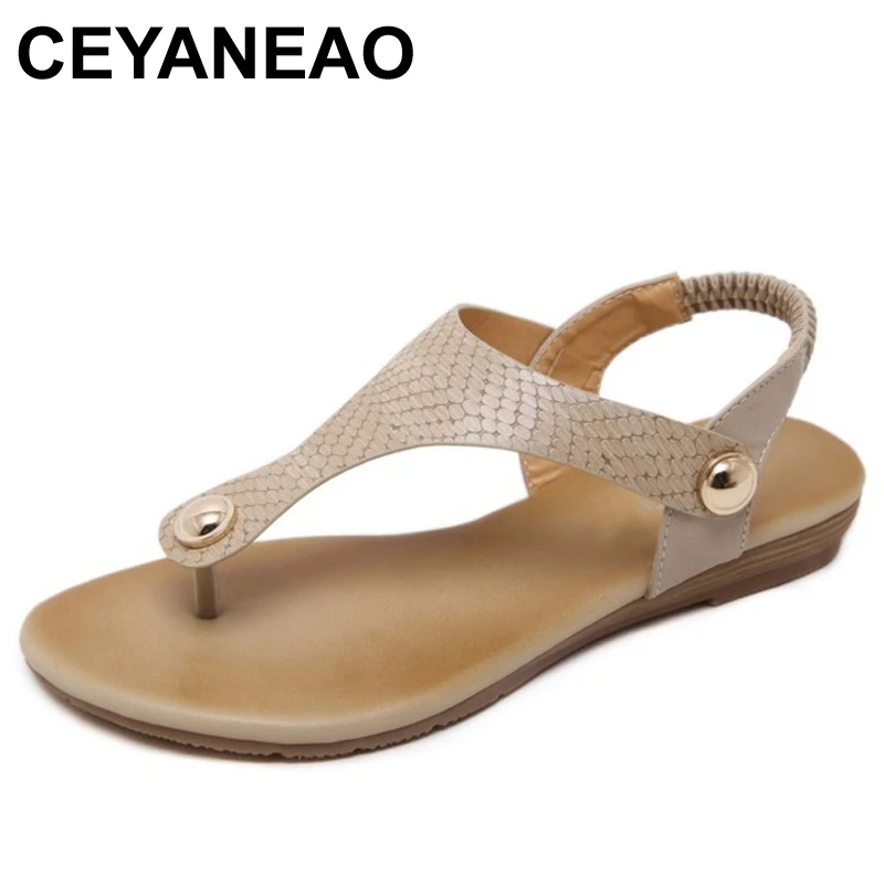 

CEYANEAO 2019 New women wedge sandals shoes woman metal decoration flip flip beach sandals plus size 35-41 high quality E2008