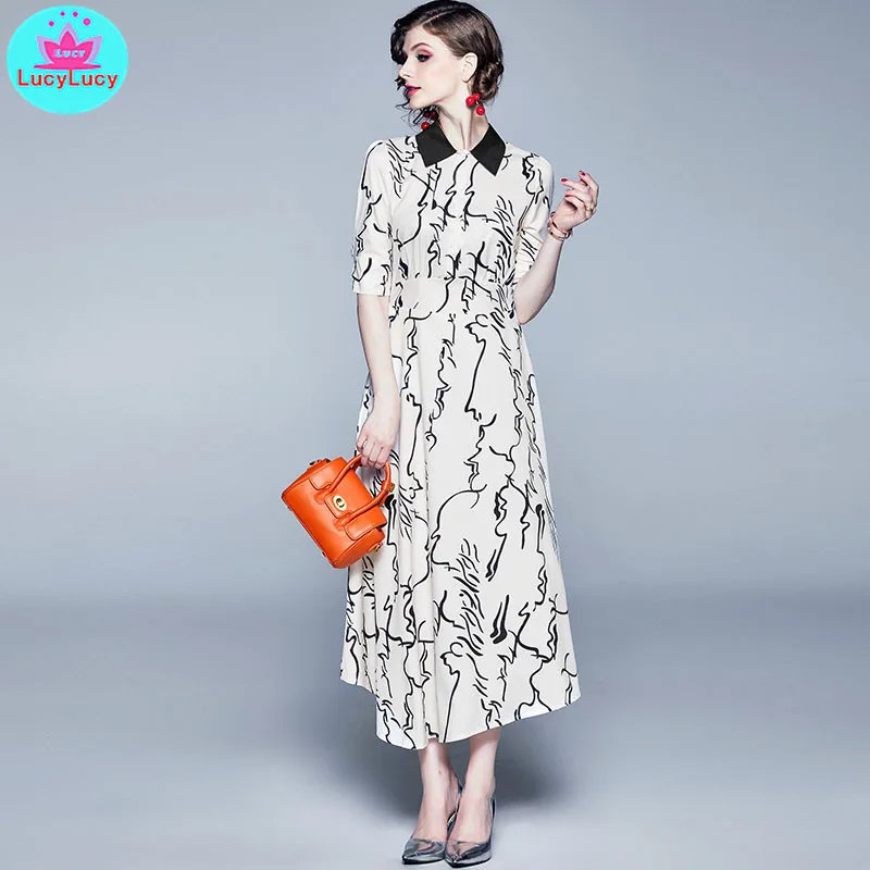 

2019 summer new sketch abstract print irregular French style contrast color lapels dress Zippers Short