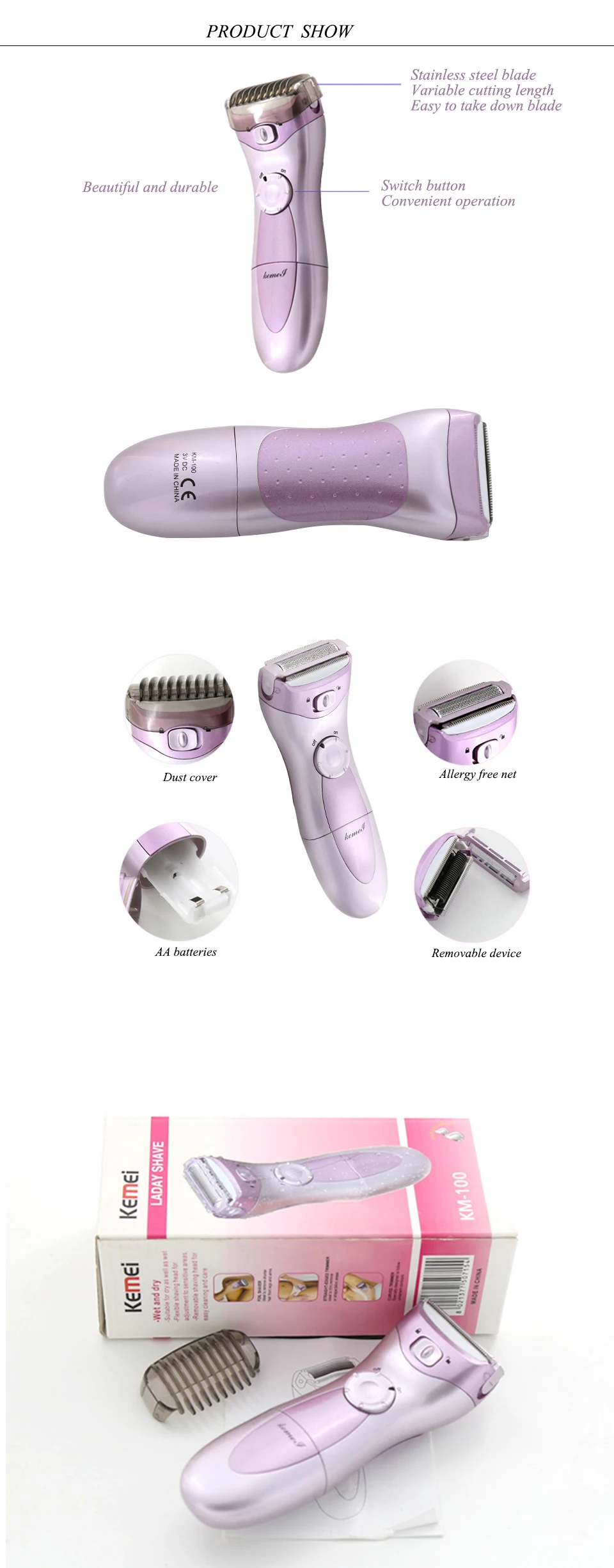 KEMEI сухие батареи фиолетовый эпилятор для женщин удаление волос электрическая бритва Леди Триммер для женщин депилятор для всего тела Бикини