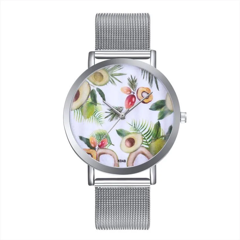 

Watches For Womans Waches New Fashion Avocado Pattern Alloy Steel Strap Analog Quartz Round Watch Drop Shipping