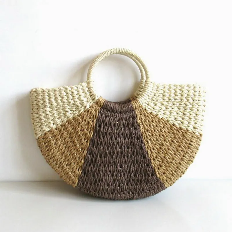 

2019 Handmade Cotton Linen Beach Bag Weaving Bamboo Bag Wood Top-handle Handbags Ladies Round Straw Bag Moon Shaped Wrapped Bags