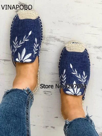 

Vinapobo 2018 Spring Summer Denim Women Slippers Linen Cowboy Slides Canvas Espadrilles Mules Shoes Sapatos Femininos