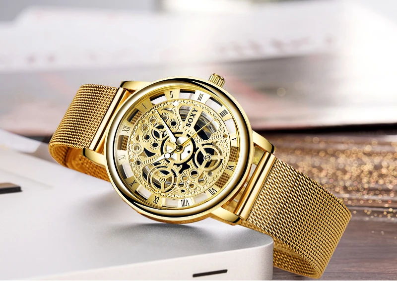 SOXY Роскошные мужские часы-скелетоны Бизнес наручные часы модные Montre Homme золотые наручные часы мужские стальные сетчатые мужские часы