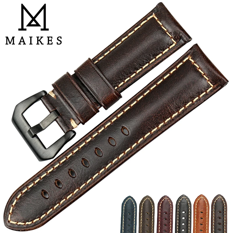 MAIKES Handmade Genuine Leather Watch Band Men Women 20mm 22mm 24mm 26mm Stainless Steel Buckle