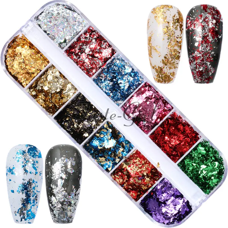 

12 colors/set Laser Gold Silver Aluminum Irregular Holographic Glitter Nail Colorful Flakes Manicure Nail Sequins Foil Paper