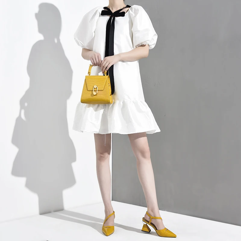 [EAM] New Spring Summer Round Neck Short Sleeve White Ruffles Hem Bandage Bow Big Size Dress Women Fashion Tide WD5070