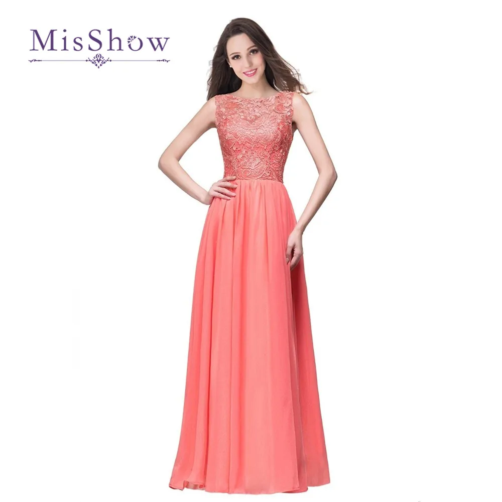 

MisShow Cheap Coral Lace Appliques Long Sleeveless Dress 2019 Real Image A Line Women Party DressVestido de Festa Longo