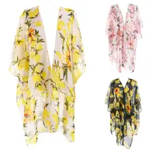 Womens Summer 3/4 Sleeves Chiffon Cardigan Cape Boho Lemon Fruit Floral Printed Kimono Shawl Loose Asymmetric Slit Bikini Cover black chiffon loose bat sleeves cape shawl top