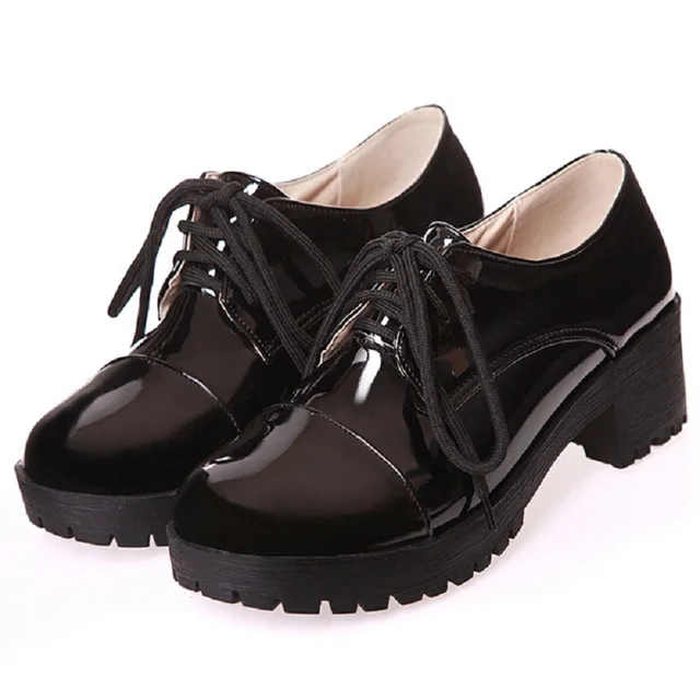 Buy 2019 Classic Ladies Work Office Shoes Black Patent Leather Low Heel Lace Up