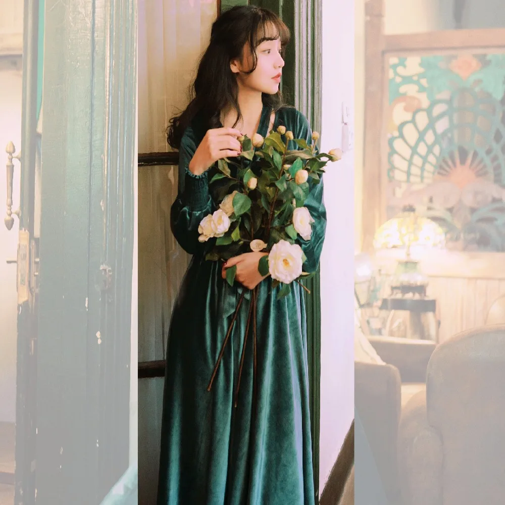 Винтажное зеленое бархатное винтажное длинное платье с бантом средневековое платье с эластичной резинкой на талии