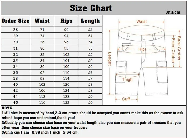 Men's Modern Multi Pocket Baggy Cargo Shorts Size Chart