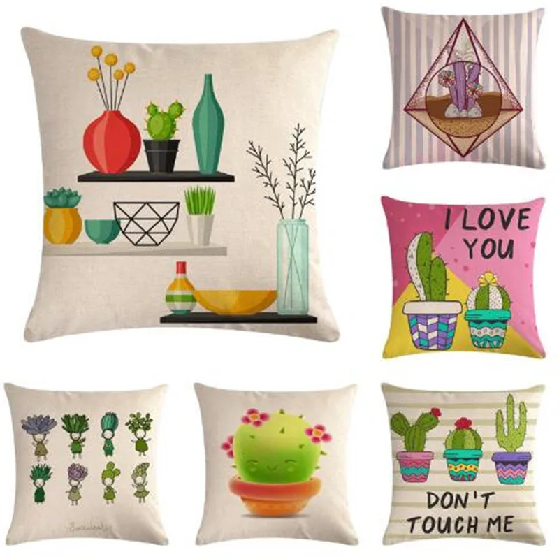 

Cartoon cactus pattern linen/cotton throw pillow covers couch pillows