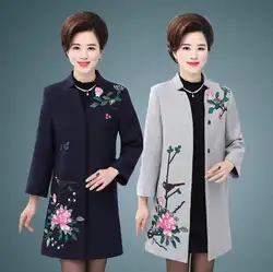 Мода плюс Размеры зима среднего возраста Для женщин шерстяное пальто женские Винтаж цветочной вышивкой куртка пальто осень шерстяное