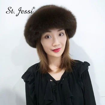 

ST.Jessi 2019 Women Real Fur Hat Natural Knitted Luxury Mink Fur Bucket Hat Soft Thick Genuine Fox Fur Brim Warm Beanies Cap