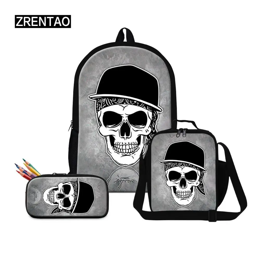 

Fashion Mens Womens Schooler Backpack Sets 3 Pieces Book Bags Set Waterproof Portable Rucksack Mochilas Skull Printing
