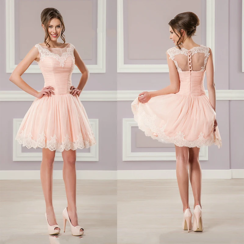 Недорогое розовое платье из тюля с кружевными краями для девочек, милые короткие коктейльные платья с аппликацией, платье выше колена для выпускного вечера, вечерние платья