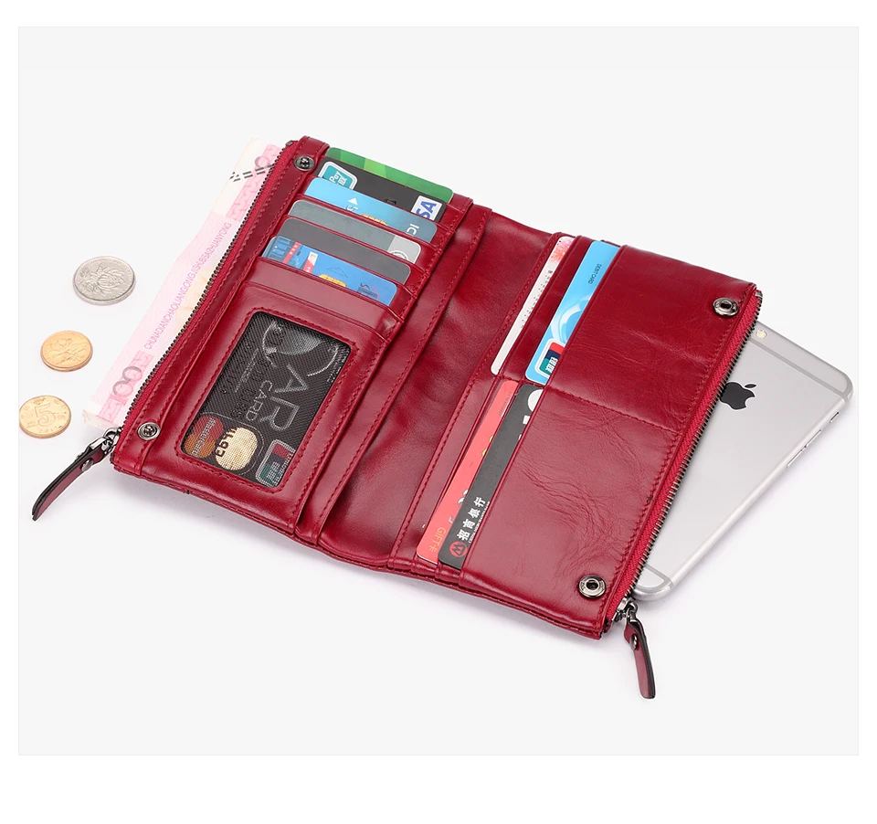 Jamarna Women Wallets Wallet Female Leather Natural Double Zipper Wallet Women Red Coin Purse Card Holder Oil Wax               1_07