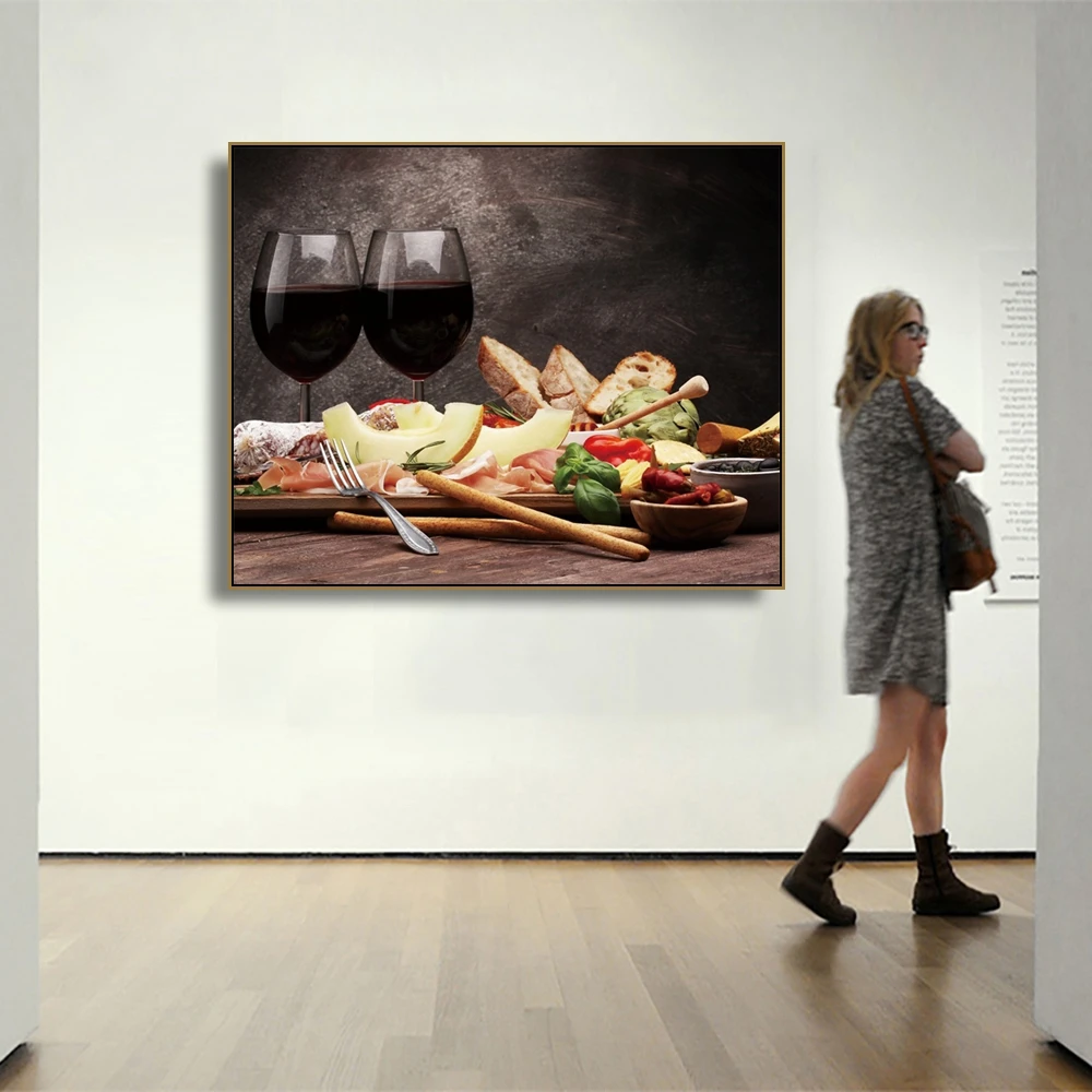 

Laeacco Canvas Calligraphy Painting Wine Cup Bread Food Posters and Prints Wall Art Pictures Living Room Kitchen Home Decoration