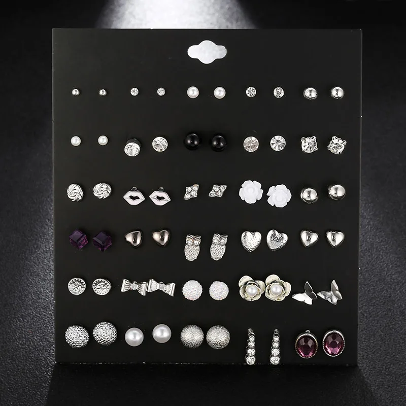 

30 Pairs/set Trendy Metal Flower Stud Earrings For Women 2019 Vintage Purple Crystal Silver Heart Earring Set Mixed Jewelry Gift
