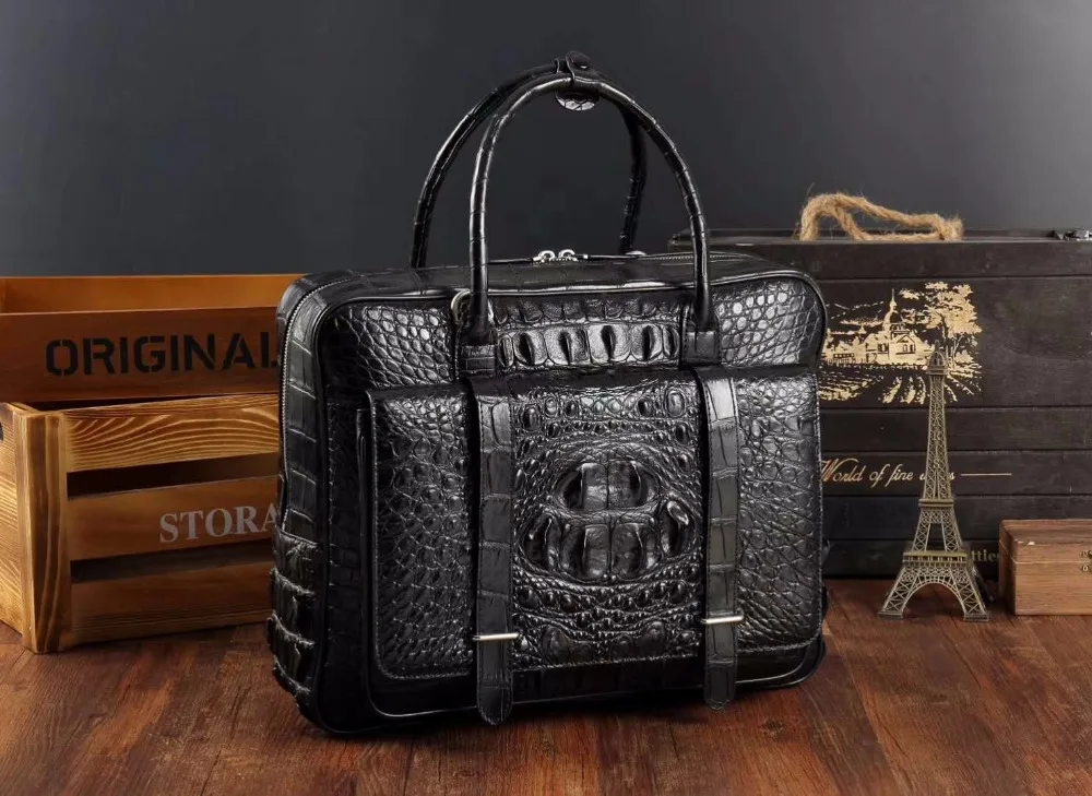 100% genuine real crocodile leather head skin men business bag laptop bag brefcase free ship black color with front pocket цена 100% genuine real crocodile leather head skin men business bag laptop bag brefcase free ship black color with front pocket цены онлайн