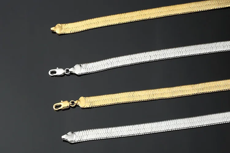 Мужская 3 мм-9 мм белая 14 карат Золотая многослойная плоская полированная цепочка с плетением «елочка» ожерелье