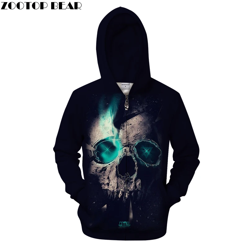 Blue Light Skull Hoodies Men 3D Zip Hoody Zipper Sweatshirts Harajuku Tracksuit Quality 6XL Hooded Pullover Drop ship ZOOTOPBEAR