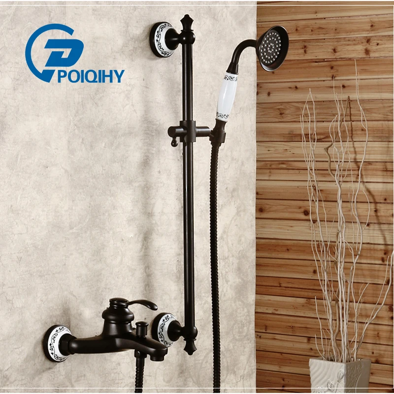 

POIQIHY Black Shower set Wall Mounted mixing shower faucet with Blue and white porcelain Handshower