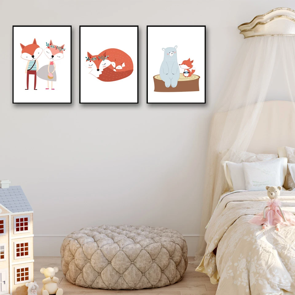Decoration-For-Living-Room-Wall-Modern-Canvas-Picture-Poster-Cartoon-Fox-And-Bear-Painting-Nordic-Style