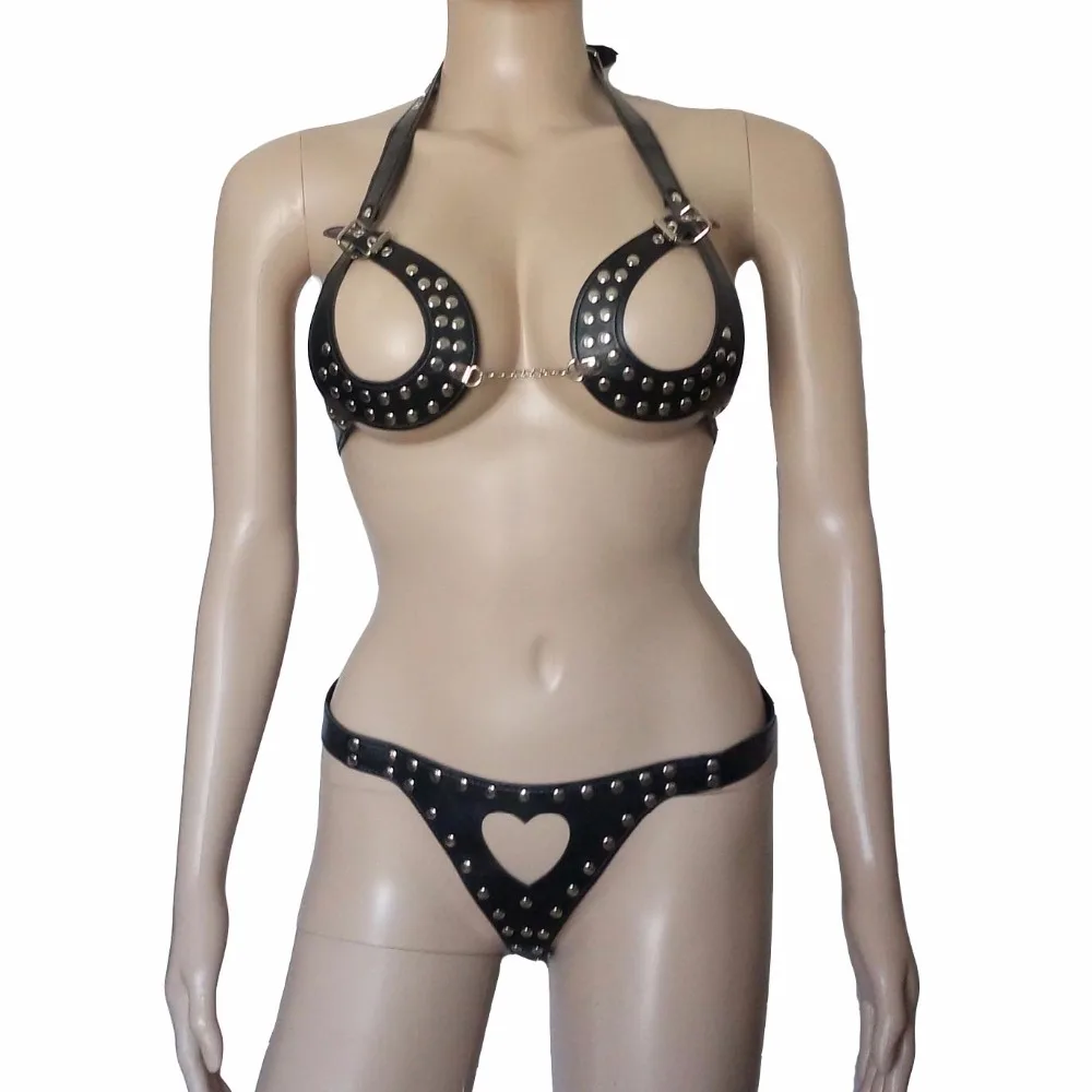 

Sexy Studded Faux Leather Bikini Fetish Wear Lingerie Cupless Bra Top Hollow Out Heart Shape Thong Mistress Fantasy Costume