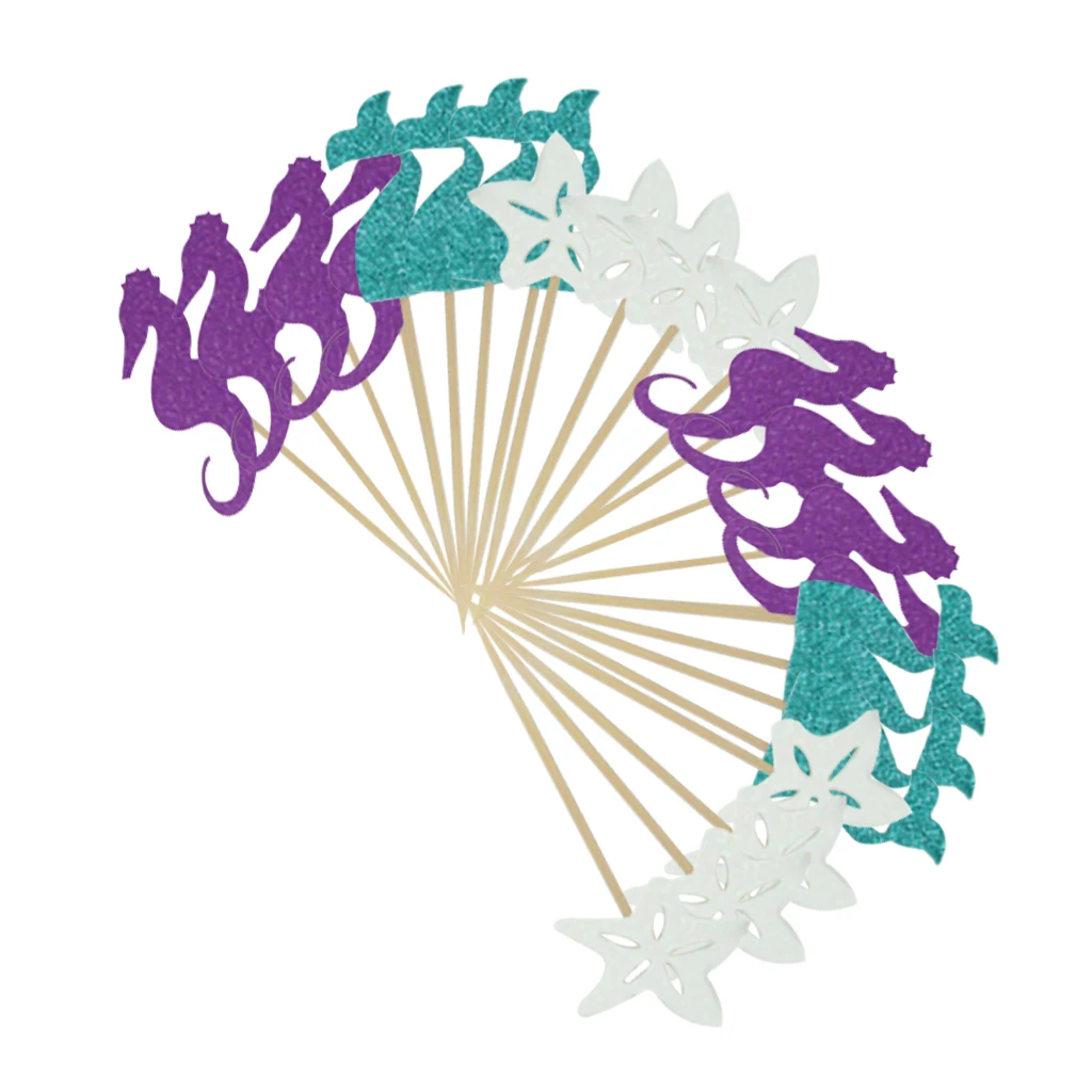 24Pcs Birthday Party Mermaid Sea Star Theme Cake Topper Insert The Sea Girl Birthday Cake Decorating Flags Kids Party Favor 