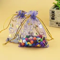 Бесплатная доставка 100 шт 7x9 см фиолетовый цвет для рисования маленький сердце органзы сумка Рождественский подарок мешочек для украшений