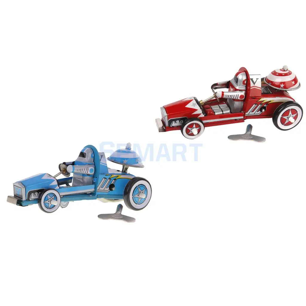 

2 Pieces Vintage Wind up Tin Toy Racing Race Car Racer Driver Clockwork Mechanical Collectible Gifts