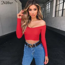 Nibber-Tops cortos elegantes con hombros descubiertos para mujer, camiseta ajustada elástica negra y roja, top informal de fiesta a la moda para mujer 2019