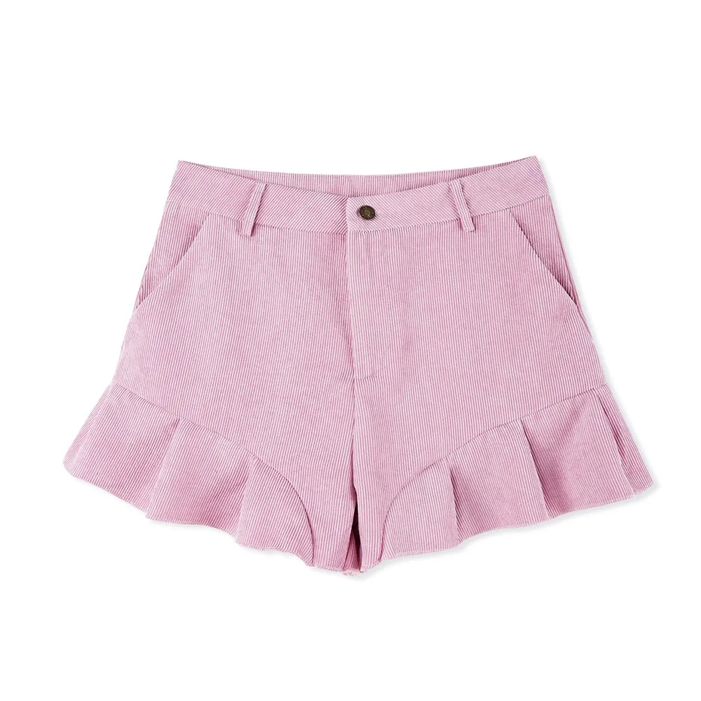 Летние модные вельветовые женские шорты с высокой талией, женские уличные повседневные Лоскутные широкие шорты с оборками, розовые шорты - Цвет: Розовый
