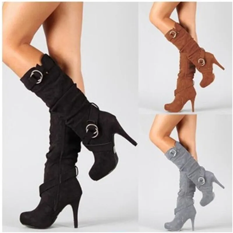 

Autumn Winter women Knee-High boots High heels shoes women Platform Big size 43 Short Plush Middle boots woman chaussures femme