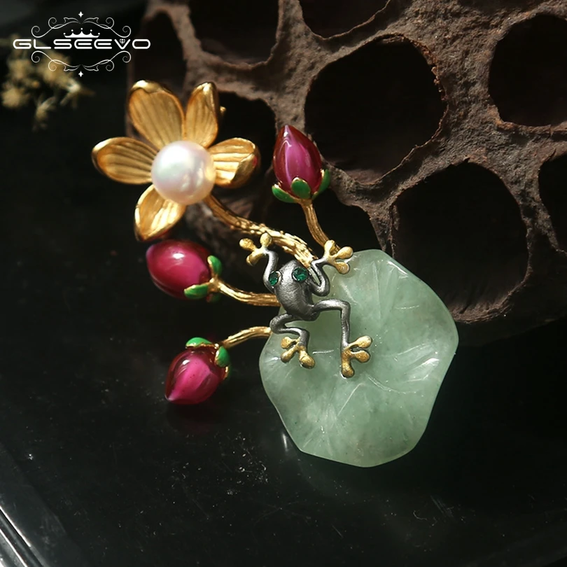 

XlentAg Luxury Natural Fresh Water Pearl Aventurine For Women Frog Brooch Flower Pins And Brooches Dual Use Fine Jewelry GO0117