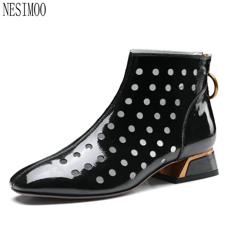 

NESIMOO 2018 Summer Fashion Women Pumps Square Low Heel Cut Outs Genuine Leather Black Zipper Ladies Casual Shoes Size 34-42