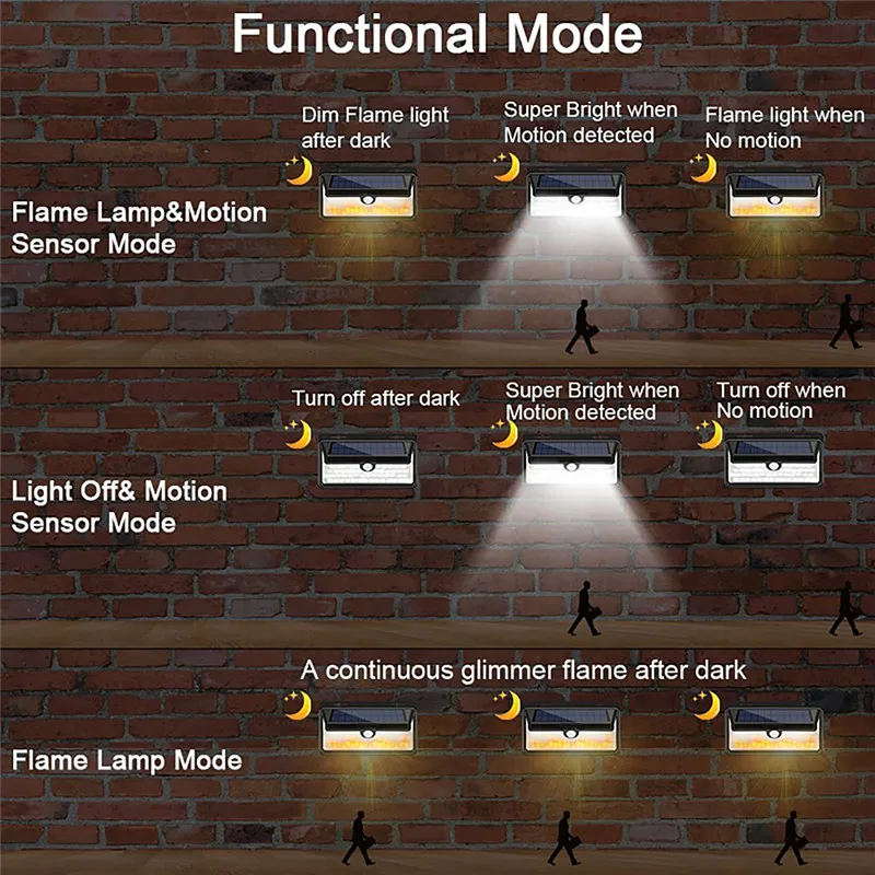 158 светодиодный 500LM водонепроницаемый датчик движения PIR на солнечной батарее, настенный светильник, белый светильник, имитирующий пламя, светильник, 3 режима безопасности, солнечный светильник