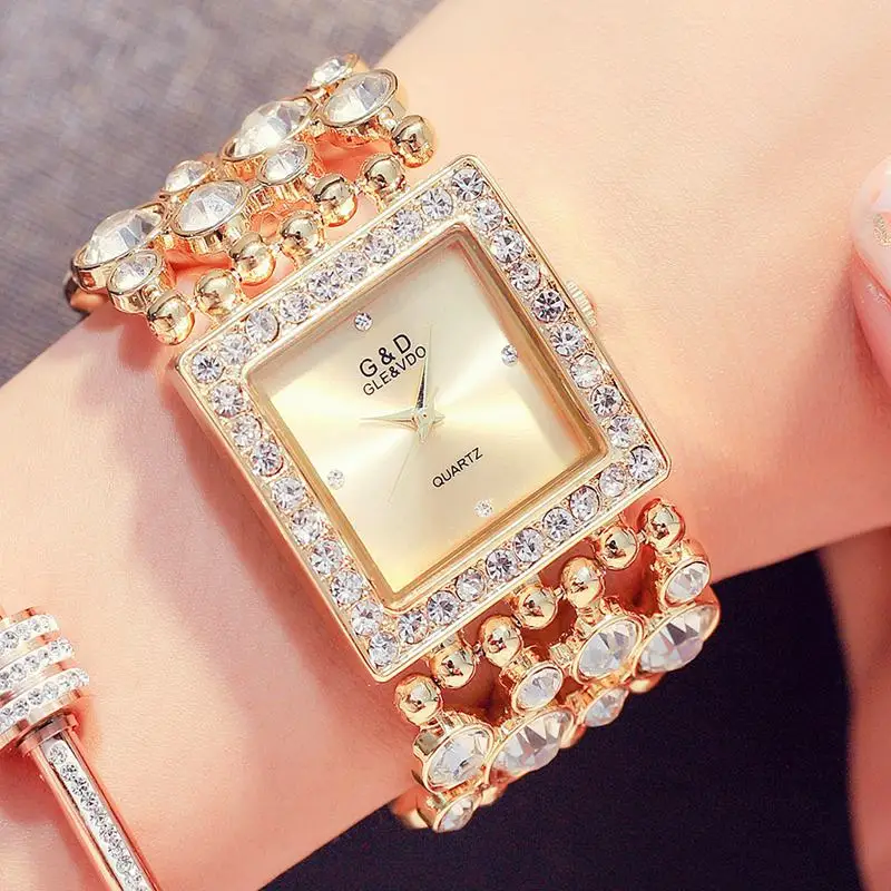 Июля!! Золотые серебряные Большие Бриллиантовые блестящие женские наручные часы с роскошным дизайном - Цвет: Золотой