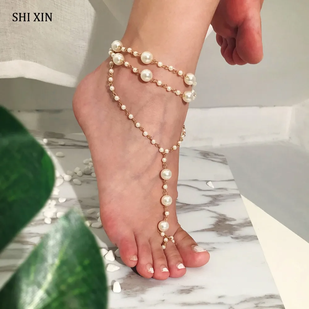 

SHIXIN Boho Charms Layered Pearl Summer Beach Anklet Ankle Bracelets for Women Fashion Foot Chain Leg Barefoot Toe Jewelry Gifts