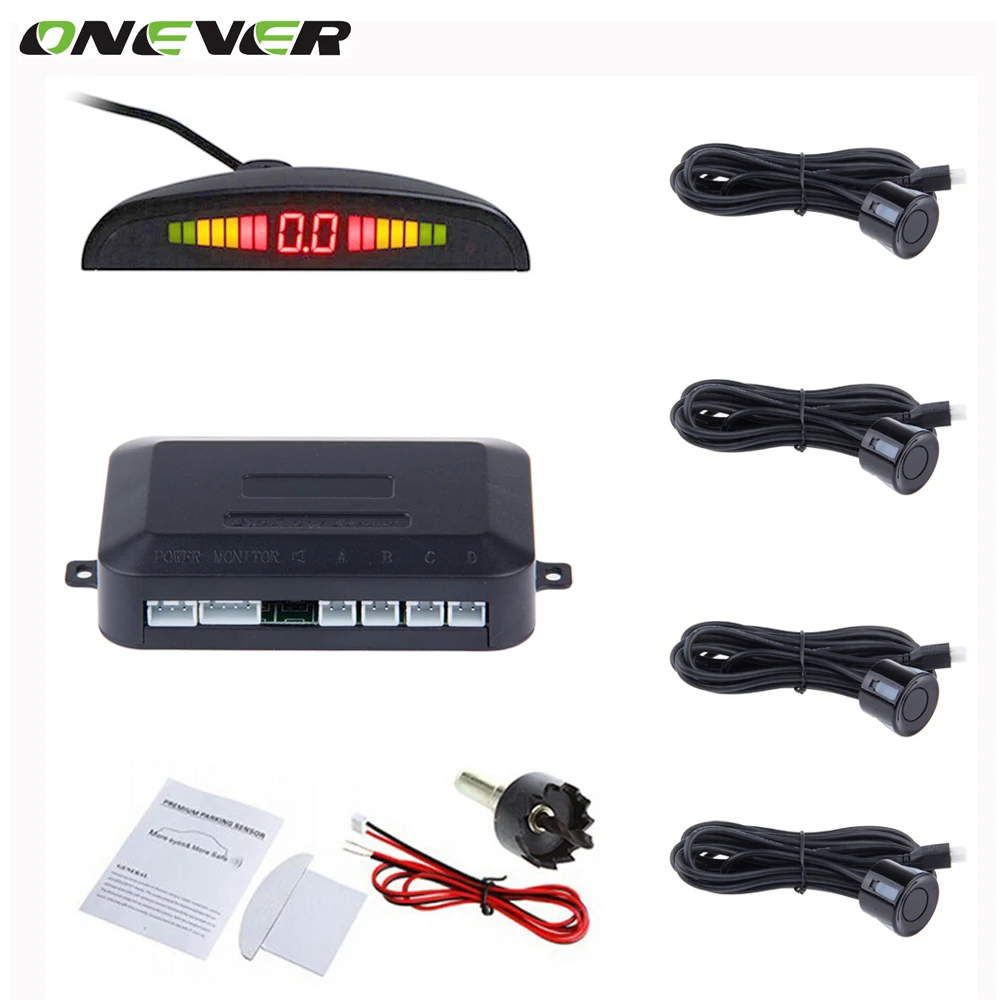imágenes para Onever car auto parktronic sensor de aparcamiento led con 4 sensores de reserva del revés del coche del radar del estacionamiento del monitor detector de sistema de luz de fondo imágenes para Onever car auto parktronic sensor de aparcamiento led con 4 sensores de reserva del revés del coche del radar del estacionamiento del monitor detector de sistema de luz de fondo