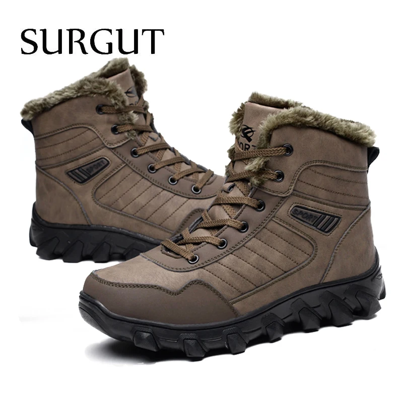 Cheap SURGUT Brand Autumn Winter Warm Fur Men Comfortable Working Shoes High Top Snow Boots Genuine Leather Sneakers Big Size 39~48