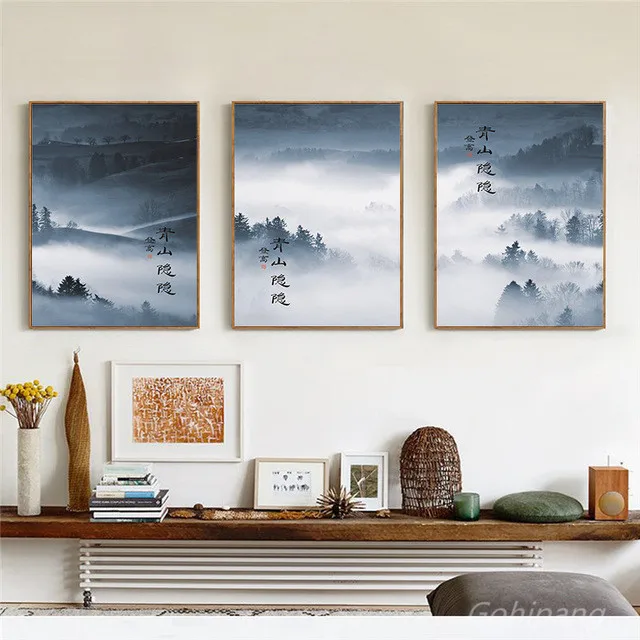 Traditional Chinese Characters Scenery Poster Canvas Painting Mountain Fog Picture Art Print Living Room Study Decor Painting