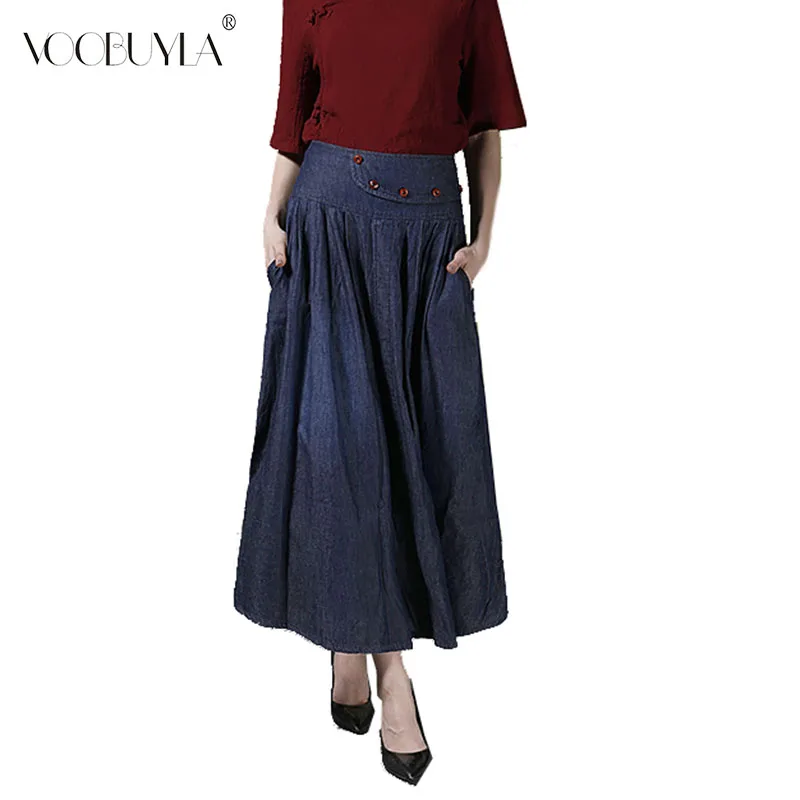 

Voobuyla 2019 Spring New Jeans Skirt Women High Waist Button Denim Skirts Plus Size S-6XL Casual Pleated Long Maxi Skirts Mujer