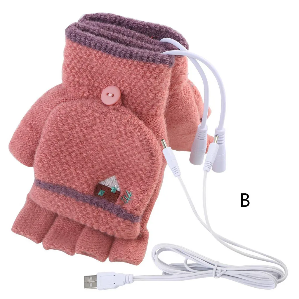 Горячая Распродажа, женские и мужские прочные рукавицы с подогревом и разъемом USB, зимние теплые вязаные перчатки на полпальца,, Прямая поставка#4
