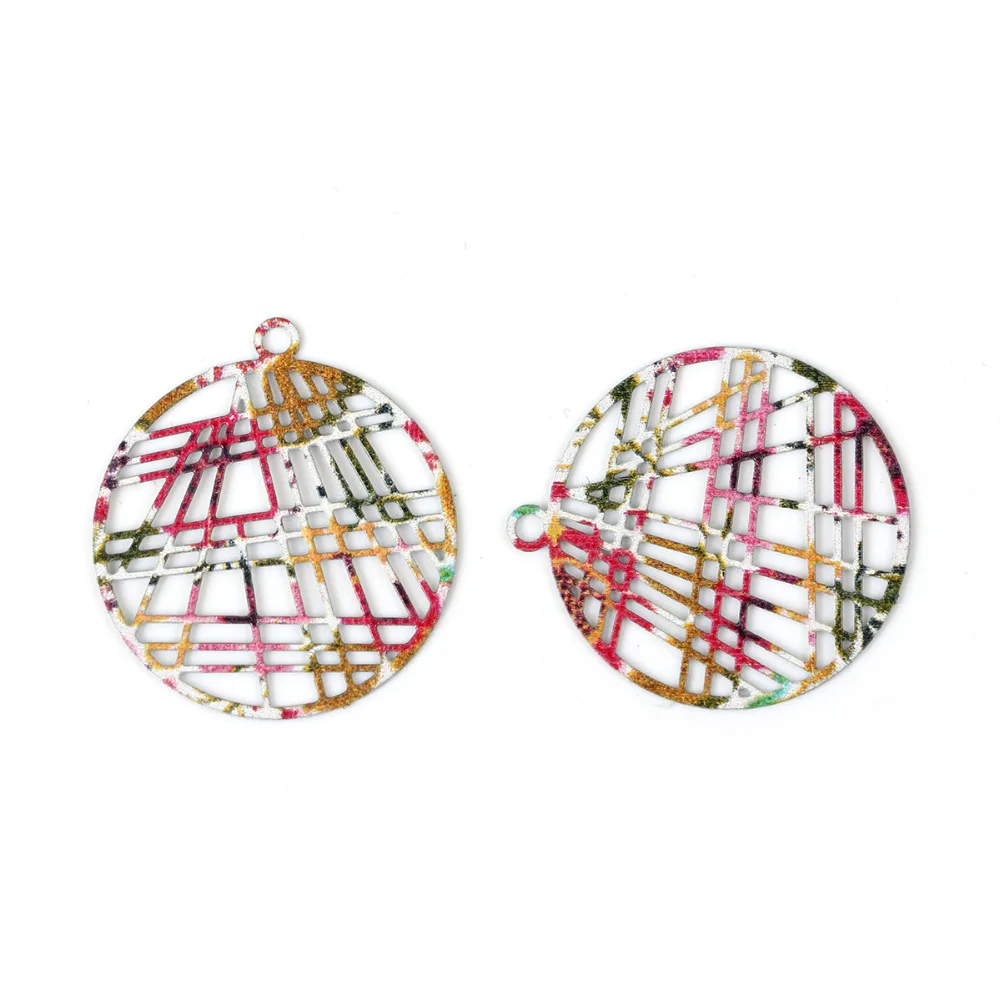 

DoreenBeads Iron Alloy Painting Hollow Mesh Round Pendant Charms Multicolor Filigree Bohemia 23mm( 7/8") x 21mm( 7/8") 10 PCs