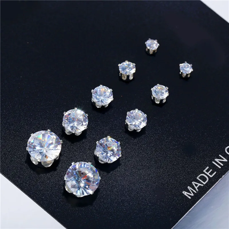 

5 Pairs/set, Women Crystal Earrings Six Claw Setting Ear Studs Female Fashion Jewelry Small To Big Colorful Zircon Earrings